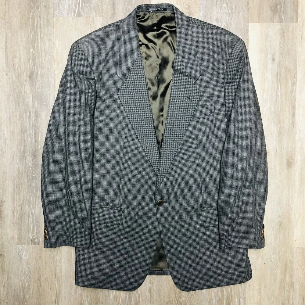Lubiam 1911 Black w/ Tan Microcheck Wool Polyester Single Btn Blazer Mens Sz 40R